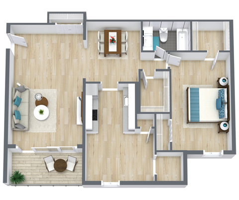 Floor plan for 1 bed, 1 bath, 909 sqft